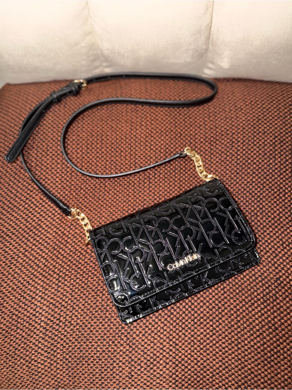 Calvin Klein Black Patent Crossbody with Gold Chain Detail